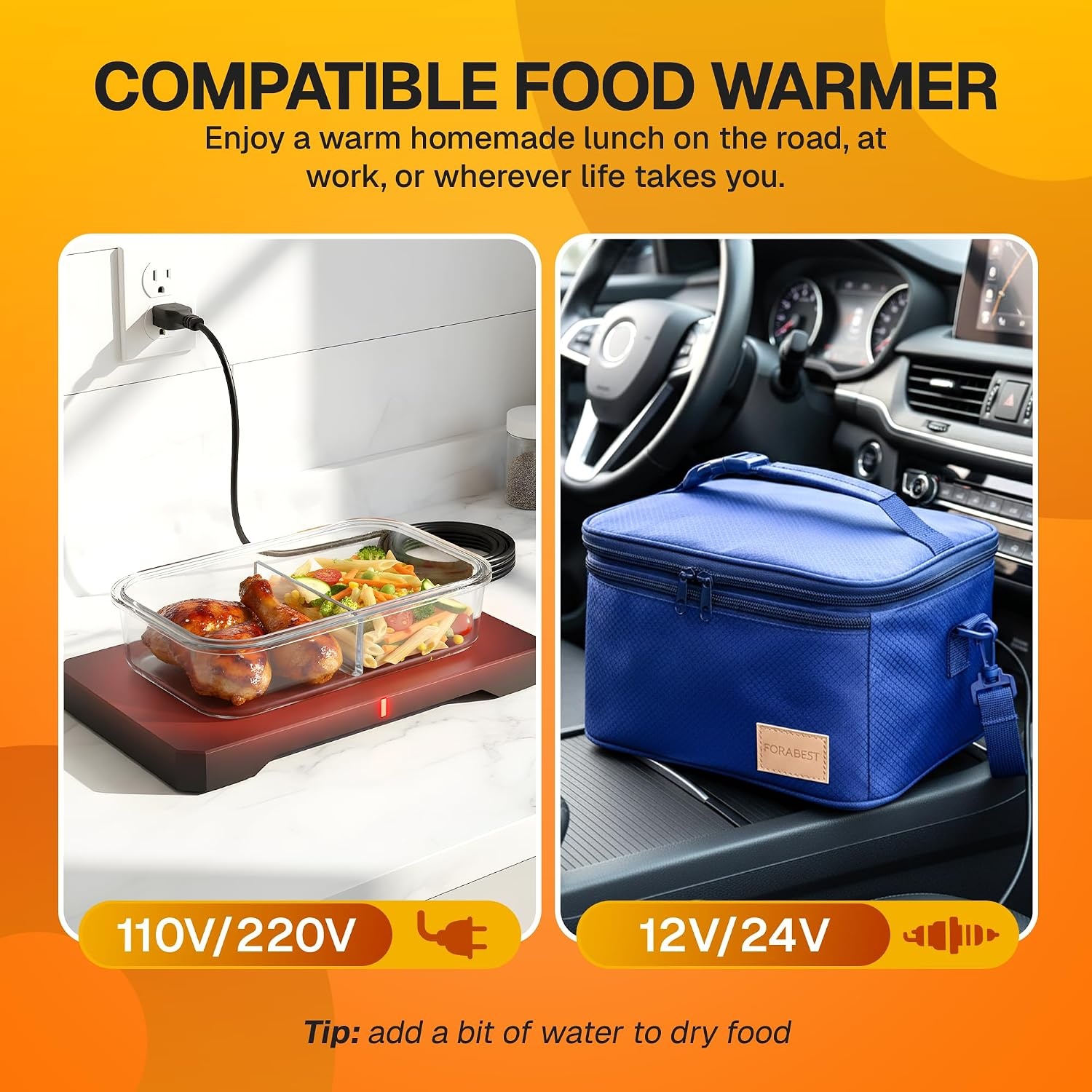 image:imageFORABEST Portable Microwave Food Warmer Electric Lunch Box 80W with Insulated Bag and Utensils 12V24V CarTruck amp 110220V HomeOffice Use Fits up to 10 x 7 x 5 Inches Containers BlueBlue
