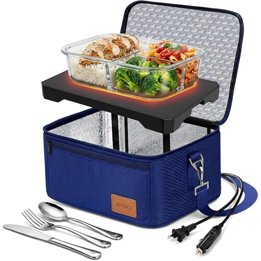 image:imageFORABEST Portable Microwave Food Warmer  Electric Lunch Box 80W with Insulated Bag and Utensils  12V24V CarTruck amp 110220V HomeOffice Use  Fits up to 10 x 7 x 5 Inches Containers  BlueBlue