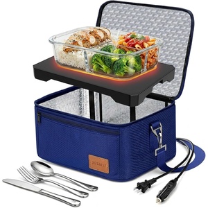 FORABEST Portable Microwave Food Warmer – Electric Lunch Box 80W with Insulated Bag and Utensils – 12V/24V Car/Truck & 110/220V Home/Office Use – Fits up to 10 x 7 x 5 Inches Containers – Blue(Blue)
