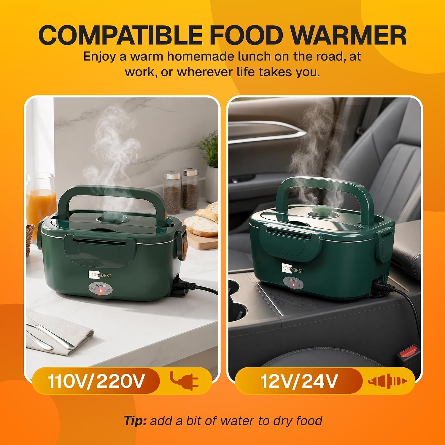 image:imageFORABEST Heated Lunch Box 80W Electric Lunch Box Portable Food Warmer with 15L Stainless Steel Container Carry Bag amp Leakproof Lid 12V24V CarTruck amp 110220V HomeOffice White GrayArmy Green