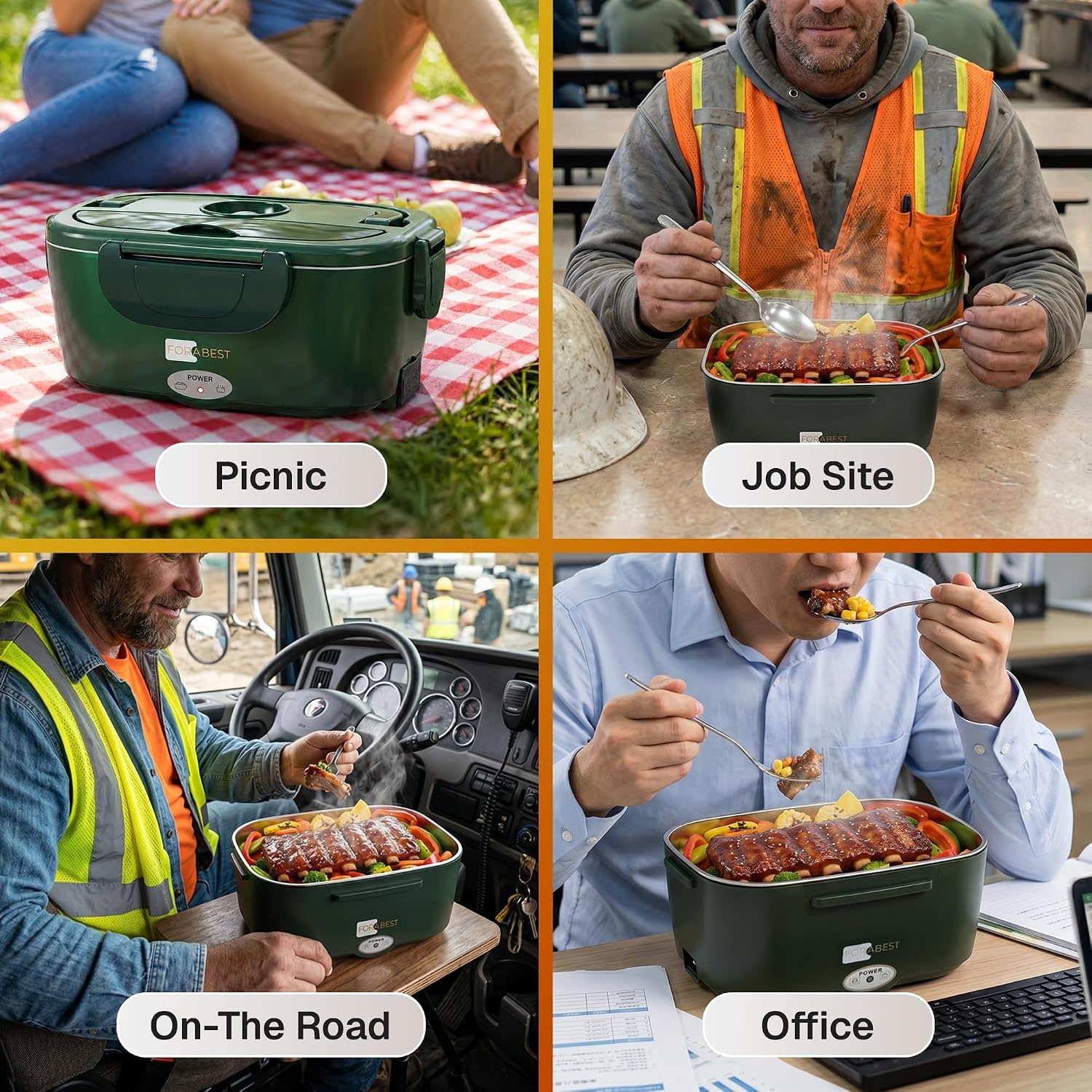 image:imageFORABEST Heated Lunch Box 80W Electric Lunch Box Portable Food Warmer with 15L Stainless Steel Container Carry Bag amp Leakproof Lid 12V24V CarTruck amp 110220V HomeOffice White GrayArmy Green