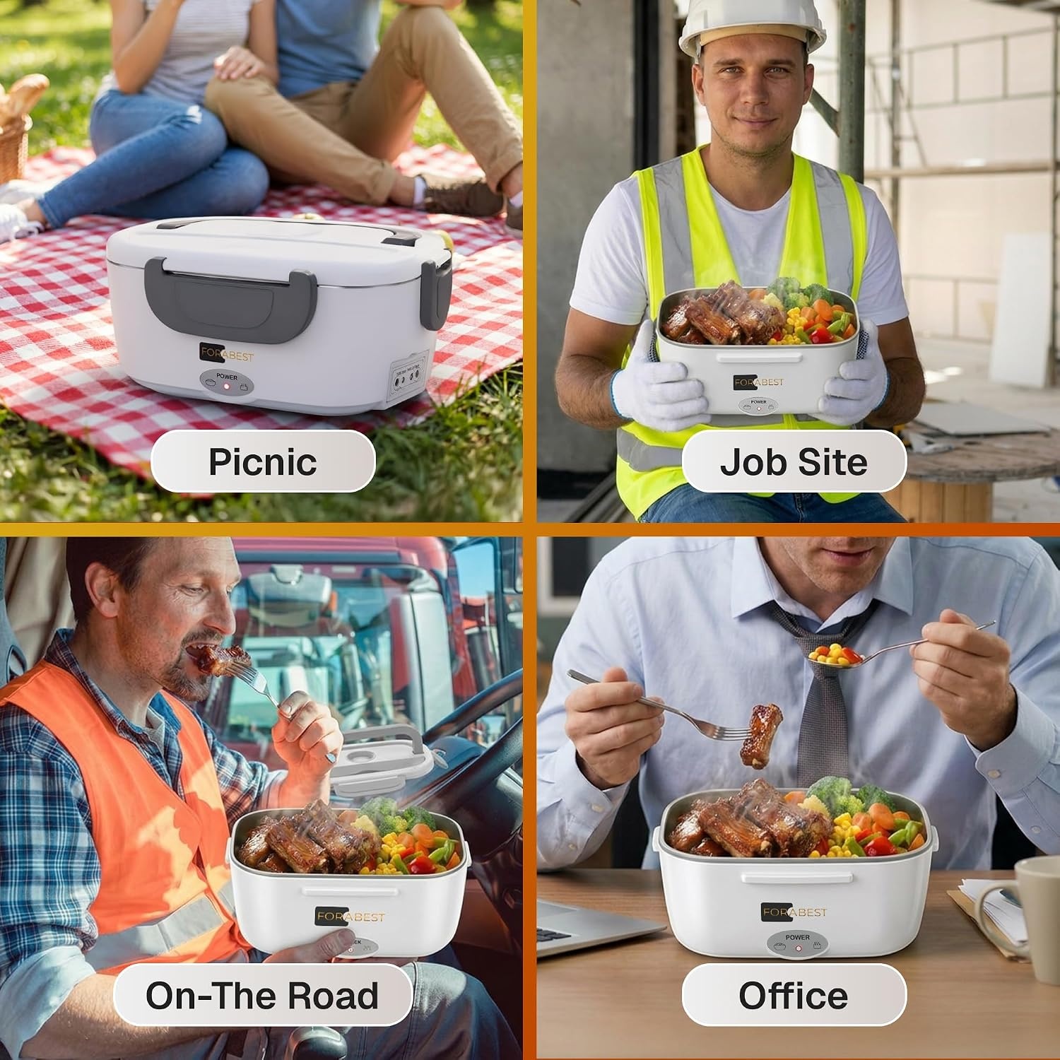 image:imageFORABEST Heated Lunch Box 80W Electric Lunch Box Portable Food Warmer with 15L Stainless Steel Container Carry Bag amp Leakproof Lid 12V24V CarTruck amp 110220V HomeOffice White GrayWhite Gray