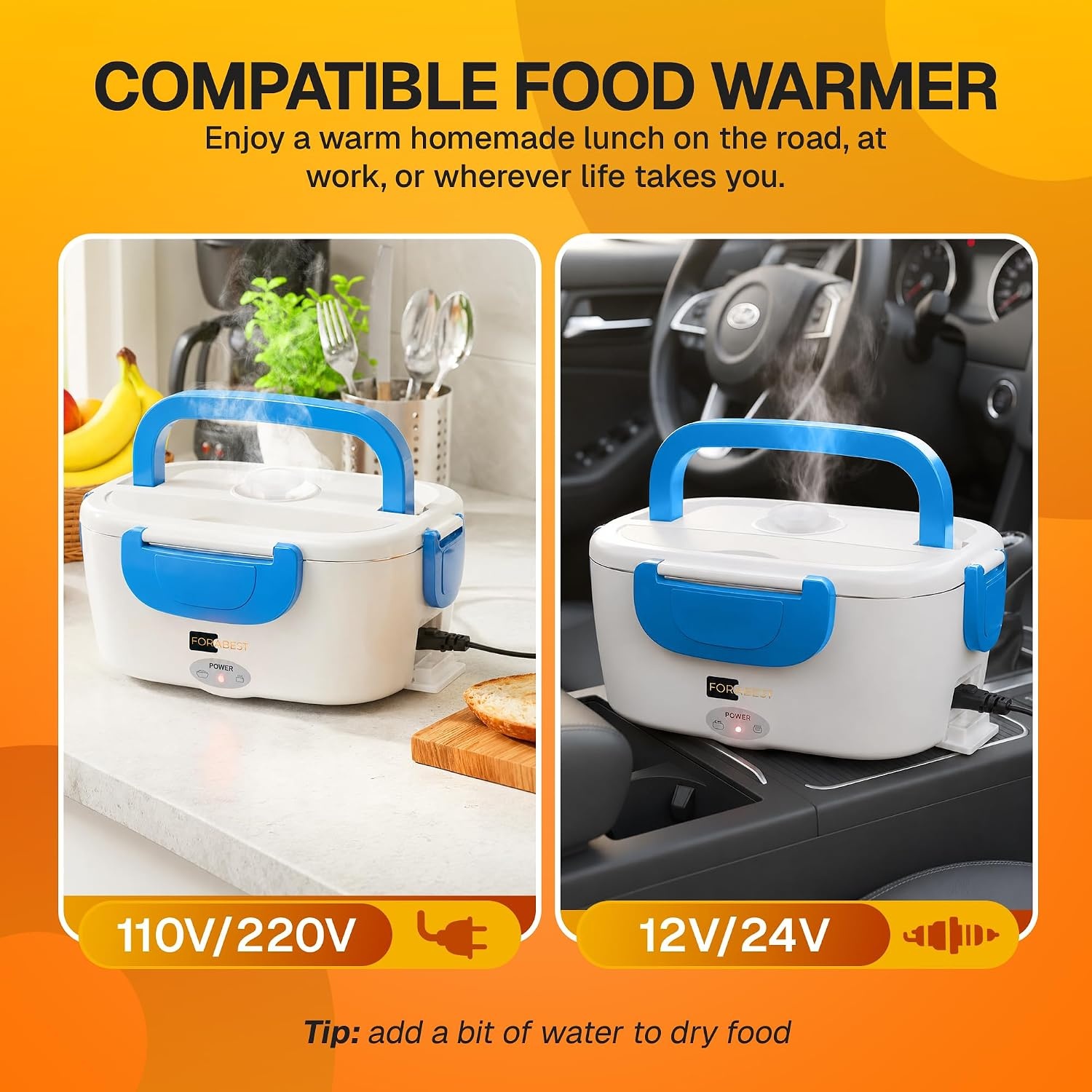 image:imageFORABEST Heated Lunch Box 80W Electric Lunch Box Portable Food Warmer with 15L Stainless Steel Container Carry Bag amp Leakproof Lid 12V24V CarTruck amp 110220V HomeOffice White GrayWhite Blue