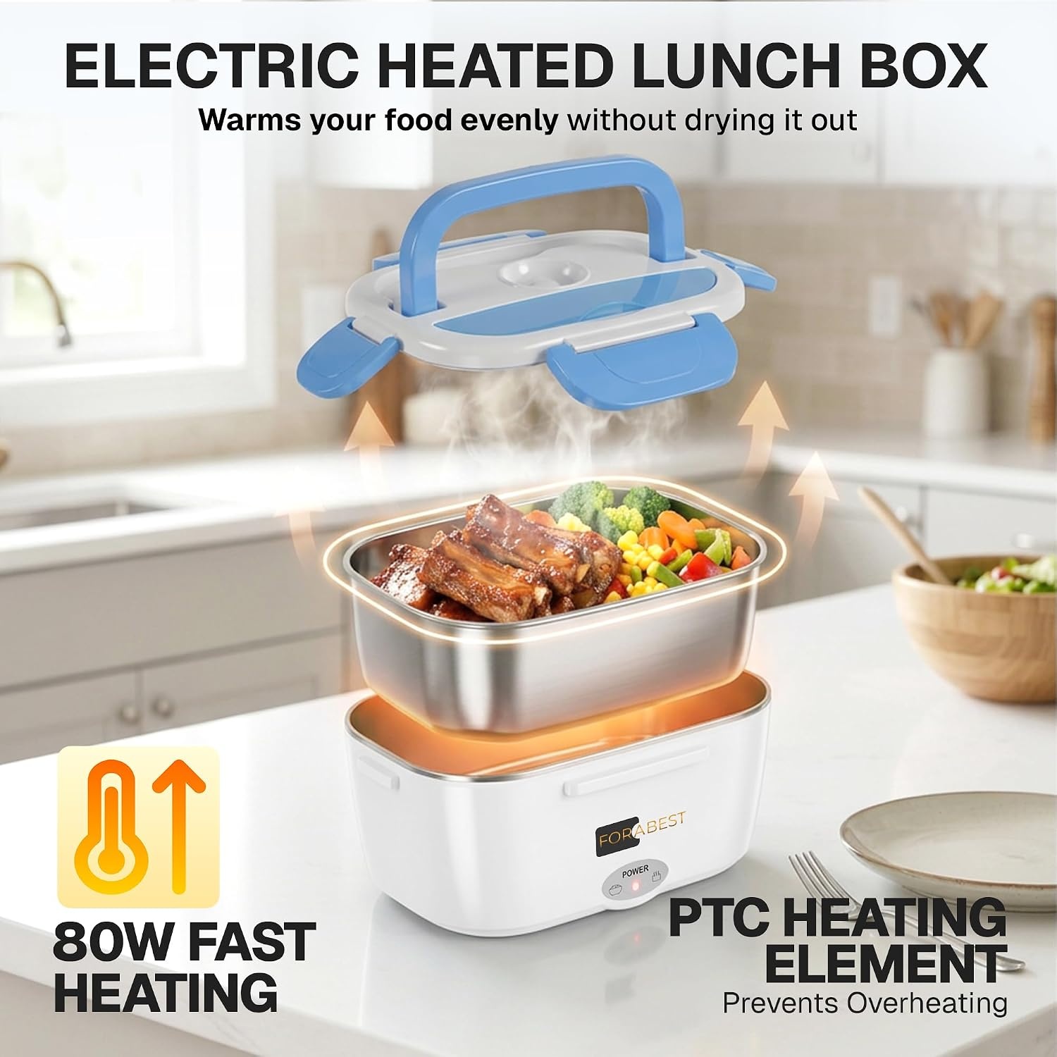 image:imageFORABEST Heated Lunch Box 80W Electric Lunch Box Portable Food Warmer with 15L Stainless Steel Container Carry Bag amp Leakproof Lid 12V24V CarTruck amp 110220V HomeOffice White GrayWhite Blue