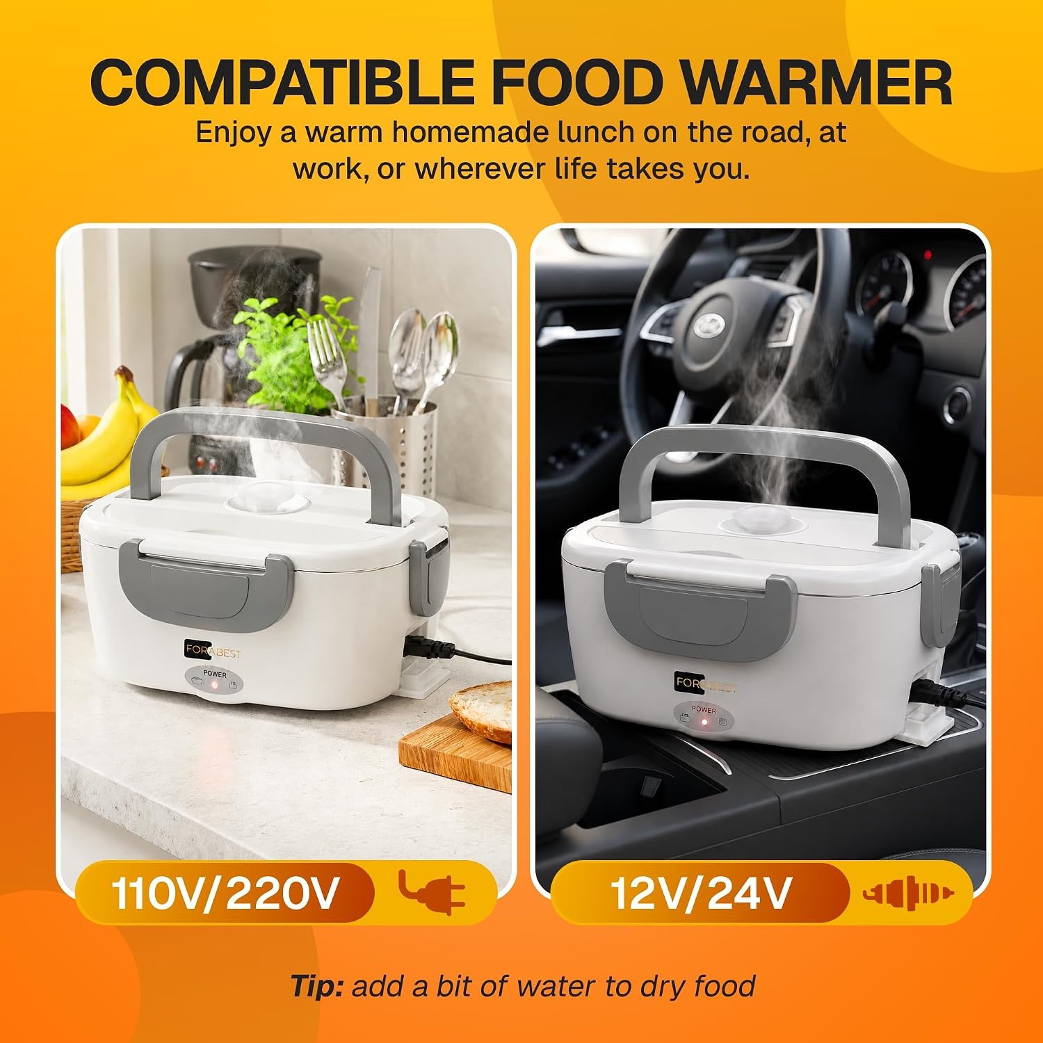 image:imageFORABEST Heated Lunch Box 80W Electric Lunch Box Portable Food Warmer with 15L Stainless Steel Container Carry Bag amp Leakproof Lid 12V24V CarTruck amp 110220V HomeOffice White GrayWhite Gray