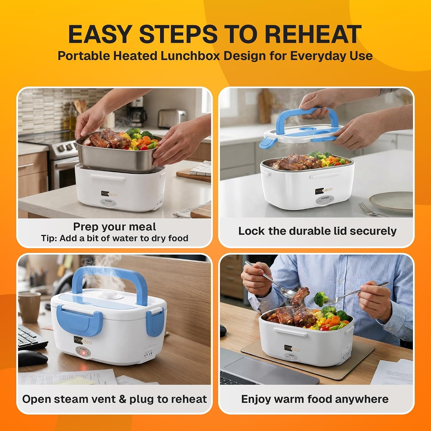image:imageFORABEST Heated Lunch Box 80W Electric Lunch Box Portable Food Warmer with 15L Stainless Steel Container Carry Bag amp Leakproof Lid 12V24V CarTruck amp 110220V HomeOffice White GrayWhite Blue