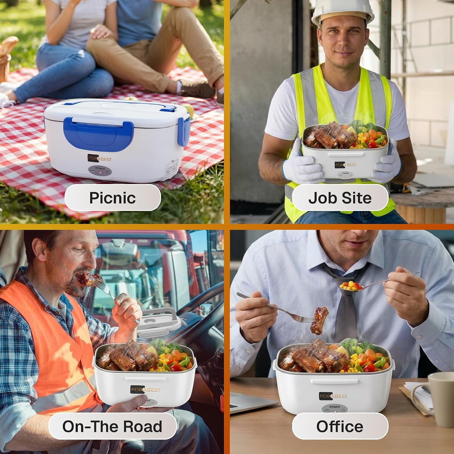 image:imageFORABEST Heated Lunch Box 80W Electric Lunch Box Portable Food Warmer with 2 Stainless Steel Containers 15L Carry Bag amp Leakproof Lid 12V24V CarTruck amp 110220V HomeOffice White GrayWhite Blue