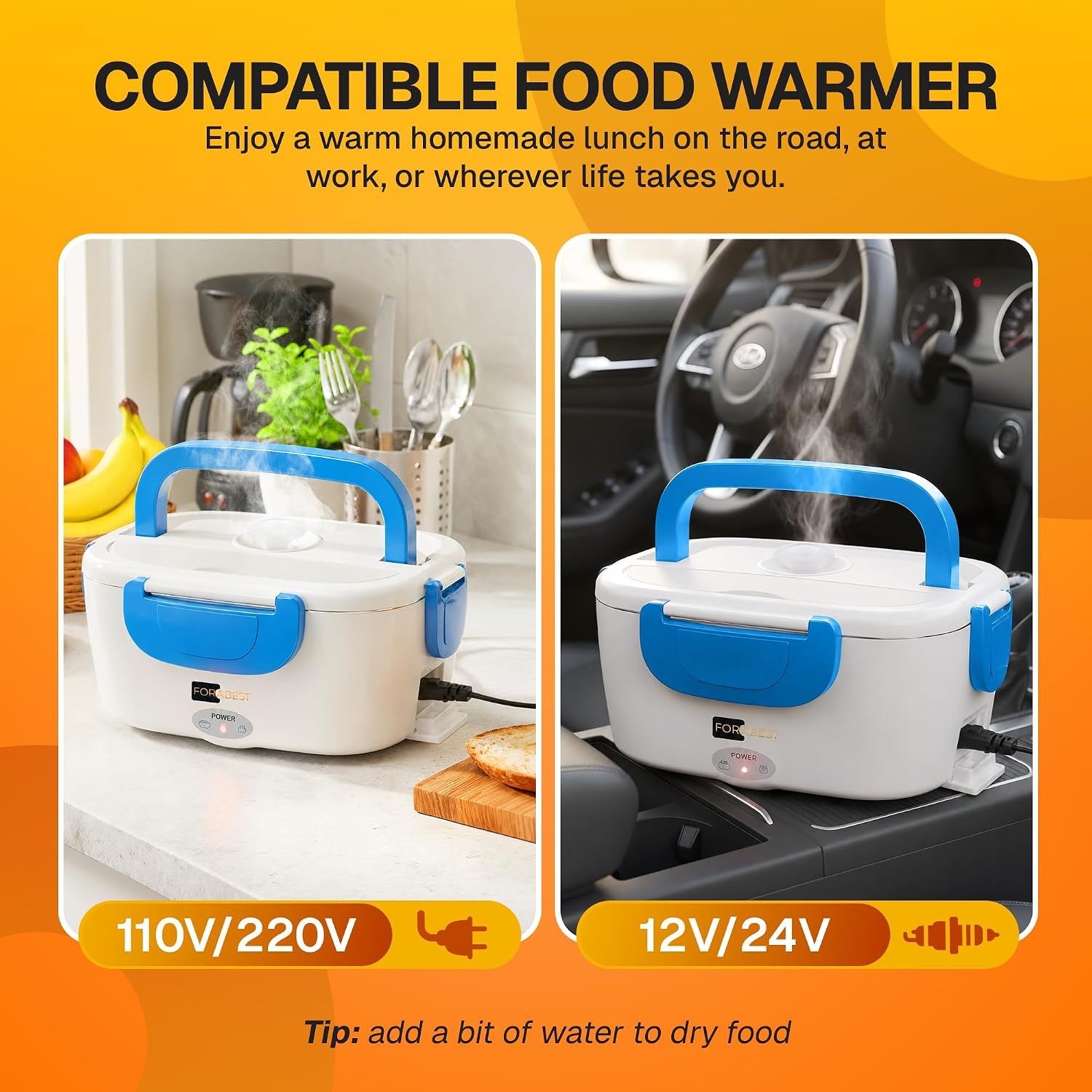 image:imageFORABEST Heated Lunch Box 80W Electric Lunch Box Portable Food Warmer with 2 Stainless Steel Containers 15L Carry Bag amp Leakproof Lid 12V24V CarTruck amp 110220V HomeOffice White GrayWhite Blue