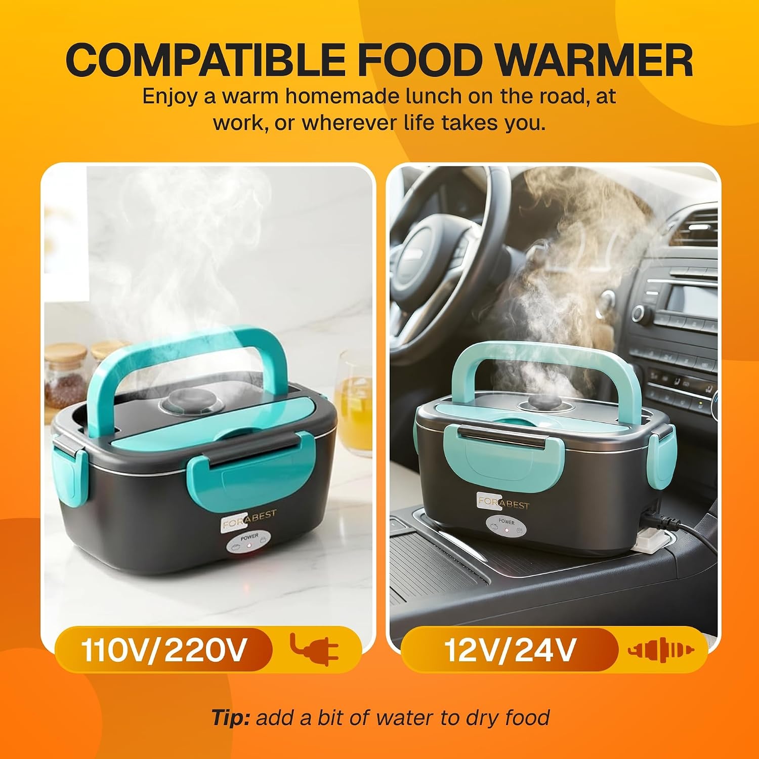image:imageFORABEST Heated Lunch Box 80W Electric Lunch Box Portable Food Warmer with 2 Stainless Steel Containers 15L Carry Bag amp Leakproof Lid 12V24V CarTruck amp 110220V HomeOffice White GrayNeon Blue