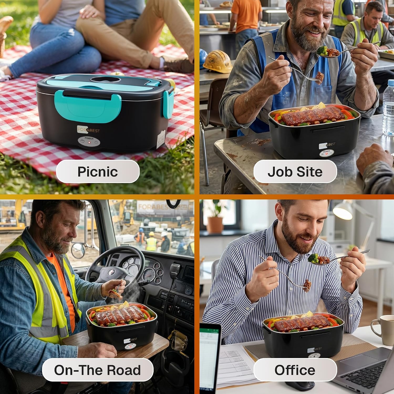 image:imageFORABEST Heated Lunch Box 80W Electric Lunch Box Portable Food Warmer with 2 Stainless Steel Containers 15L Carry Bag amp Leakproof Lid 12V24V CarTruck amp 110220V HomeOffice White GrayNeon Blue