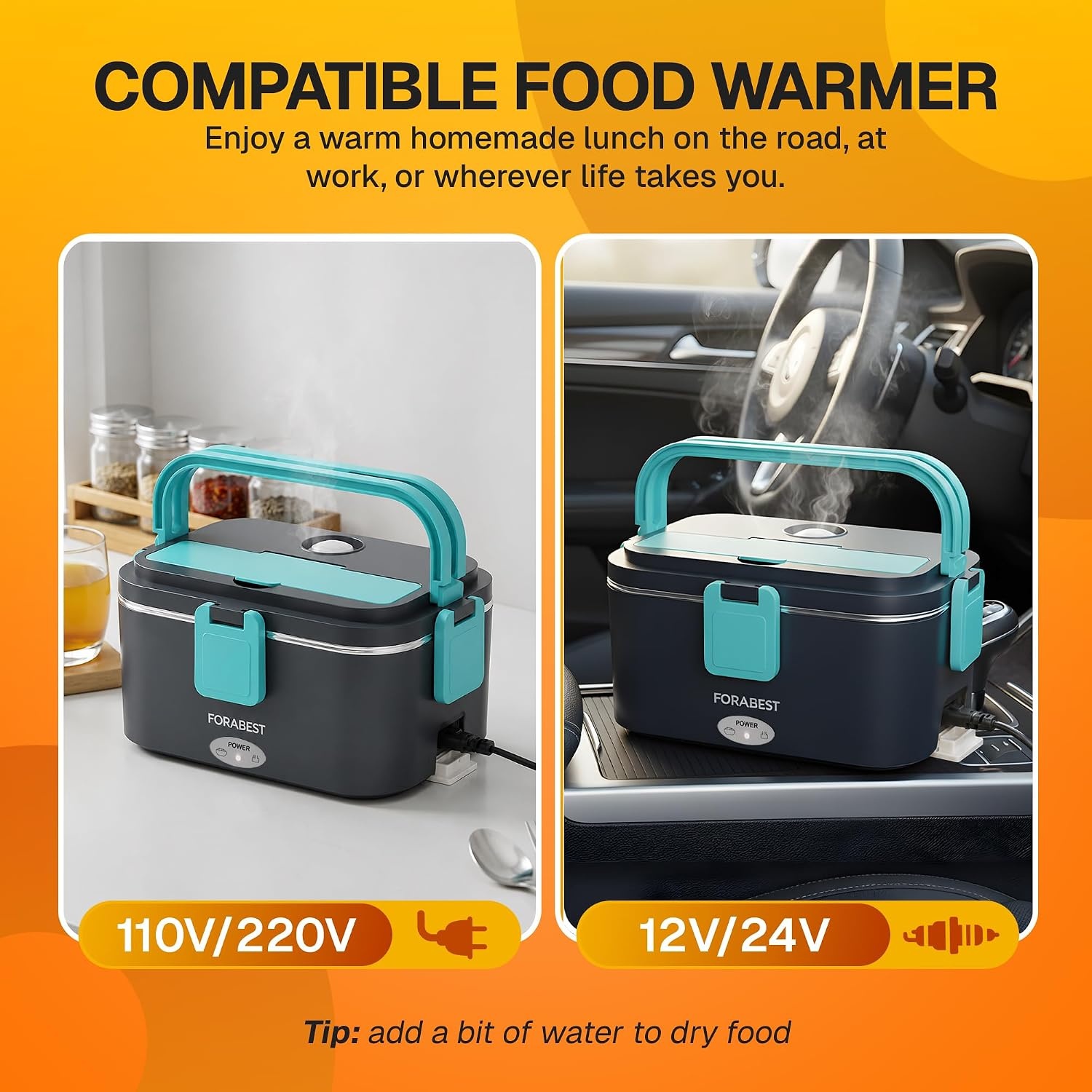 image:imageFORABEST Heated Lunch Box 80W Electric Lunch Box for Adults Portable Food Warmer 18L Stainless Steel Containers Carry Bag amp Leakproof Lid 12V24V CarTruck amp 110220V HomeOffice Navy Blue
