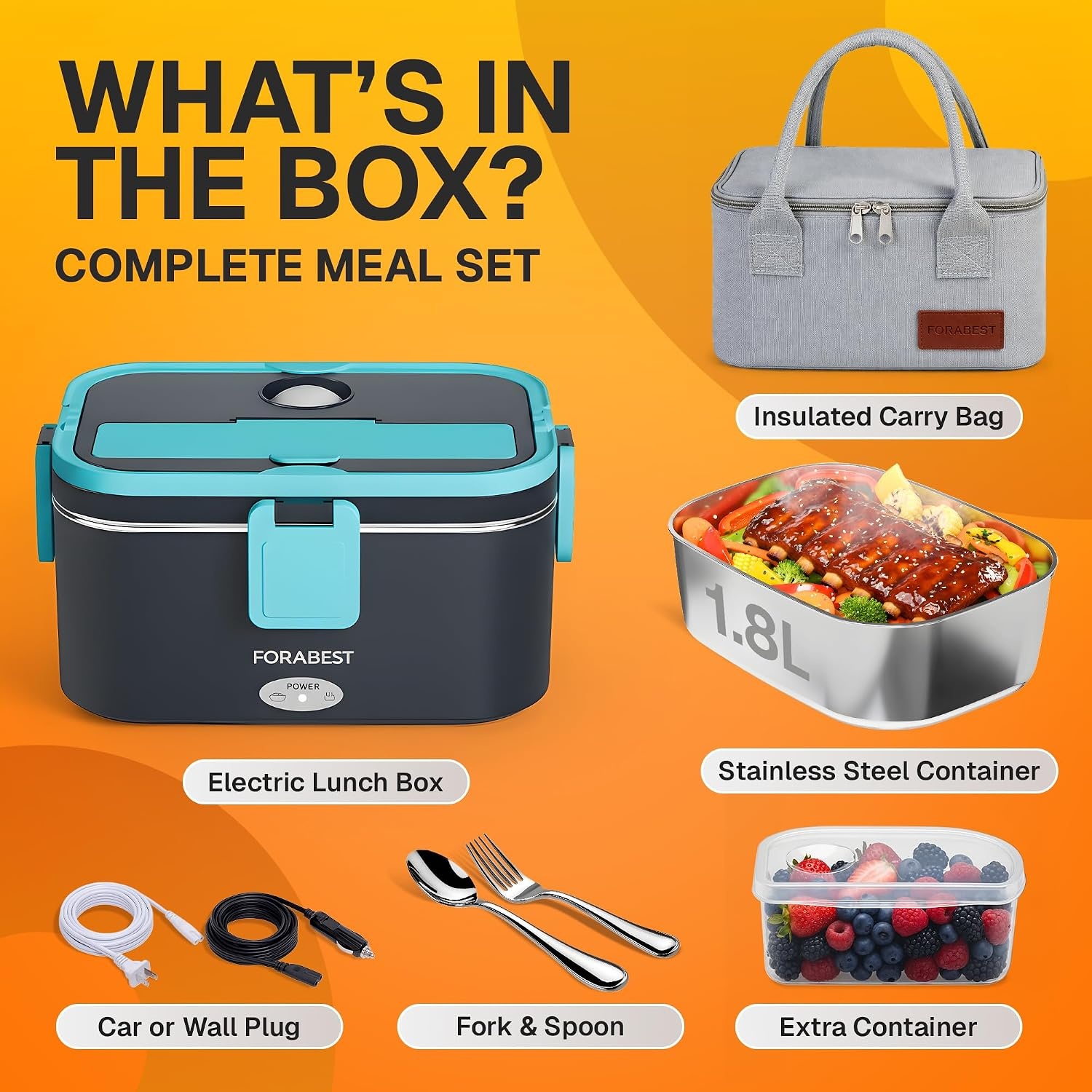 image:imageFORABEST Heated Lunch Box 80W Electric Lunch Box for Adults Portable Food Warmer 18L Stainless Steel Containers Carry Bag amp Leakproof Lid 12V24V CarTruck amp 110220V HomeOffice Navy Blue