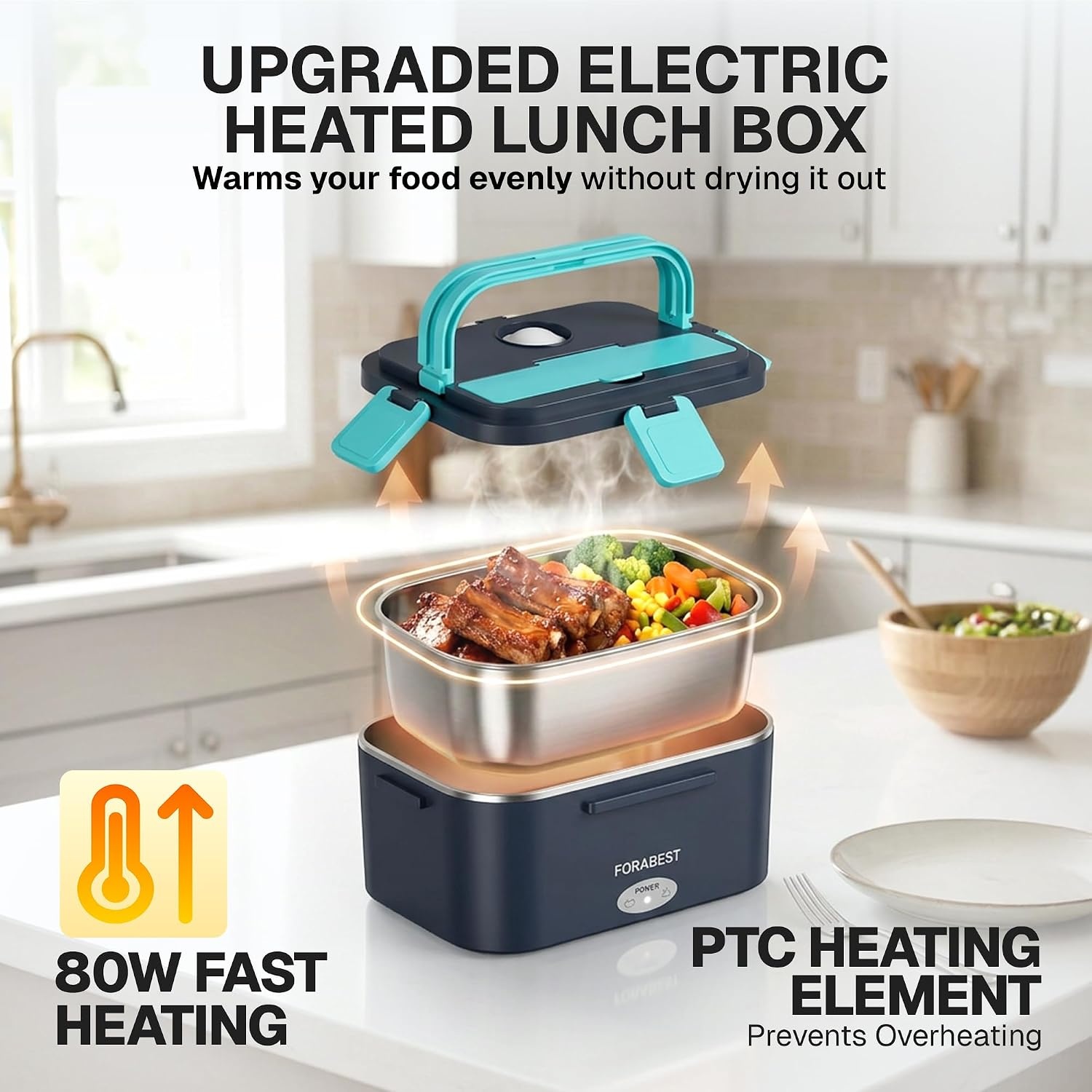 image:imageFORABEST Heated Lunch Box 80W Electric Lunch Box for Adults Portable Food Warmer 18L Stainless Steel Containers Carry Bag amp Leakproof Lid 12V24V CarTruck amp 110220V HomeOffice Navy Blue