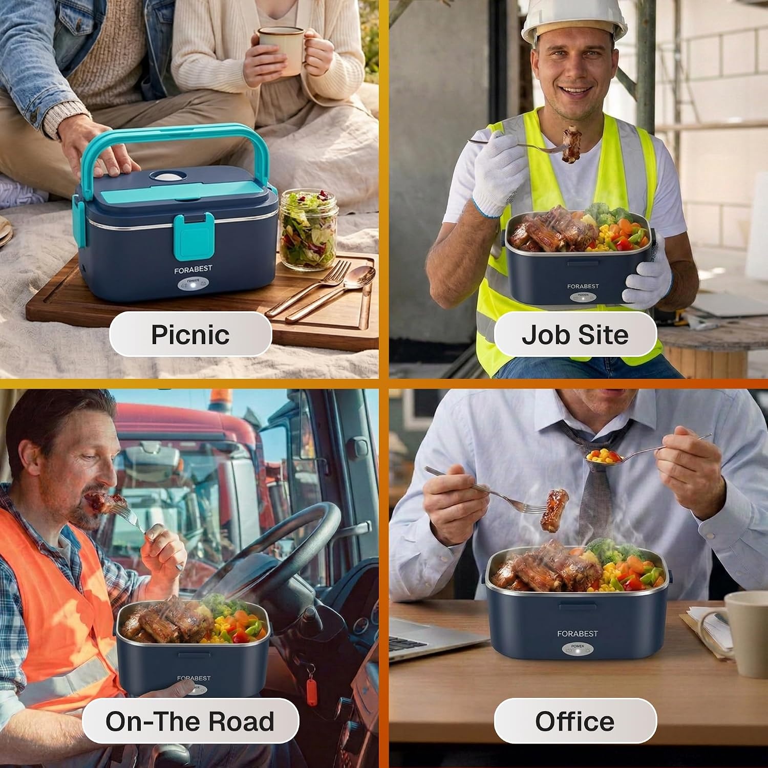 image:imageFORABEST Heated Lunch Box 80W Electric Lunch Box for Adults Portable Food Warmer 18L Stainless Steel Containers Carry Bag amp Leakproof Lid 12V24V CarTruck amp 110220V HomeOffice Navy Blue