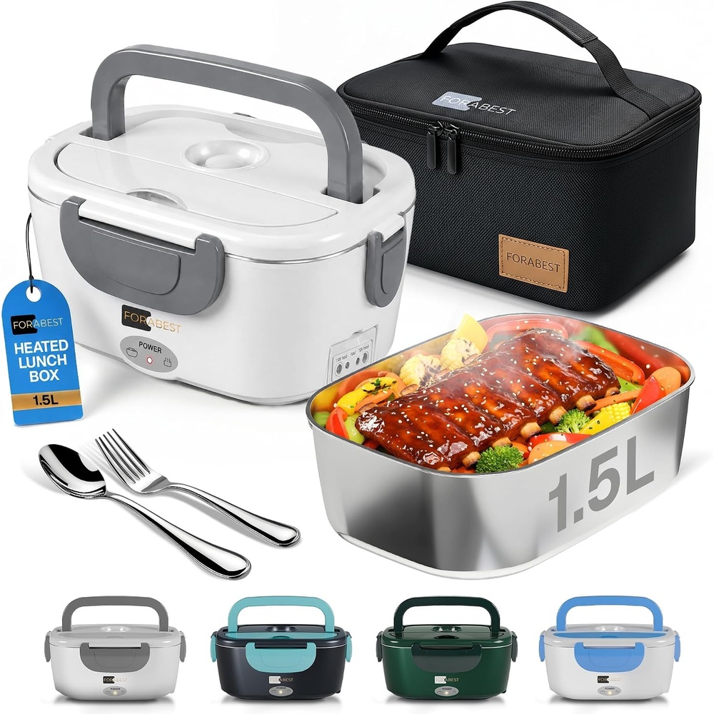 image:imageFORABEST Heated Lunch Box 80W Electric Lunch Box Portable Food Warmer with 15L Stainless Steel Container Carry Bag amp Leakproof Lid 12V24V CarTruck amp 110220V HomeOffice White GrayWhite Gray