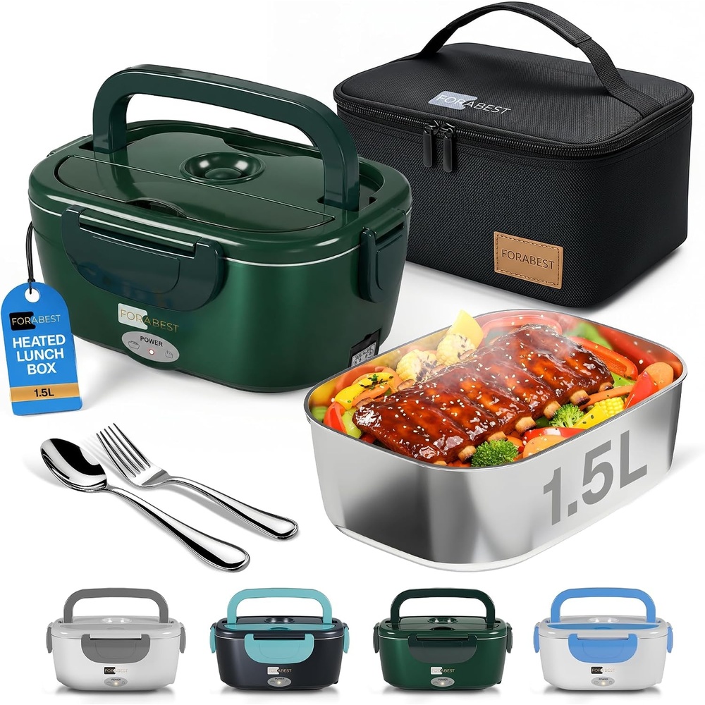 image:imageFORABEST Heated Lunch Box  80W Electric Lunch Box  Portable Food Warmer with 15L Stainless Steel Container Carry Bag amp Leakproof Lid  12V24V CarTruck amp 110220V HomeOffice  White GrayArmy Green