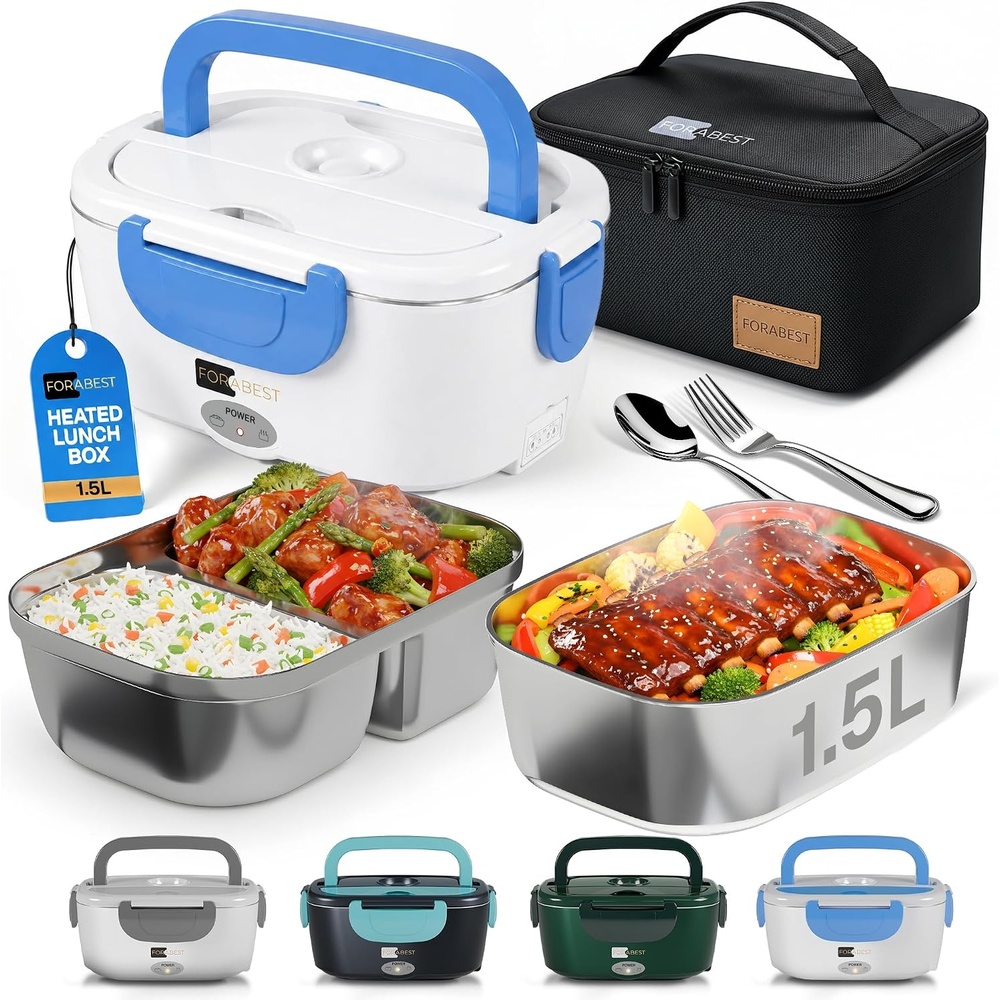 image:imageFORABEST Heated Lunch Box  80W Electric Lunch Box  Portable Food Warmer with 2 Stainless Steel Containers 15L Carry Bag amp Leakproof Lid  12V24V CarTruck amp 110220V HomeOffice  White GrayWhite Blue