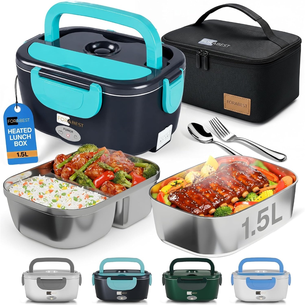 image:imageFORABEST Heated Lunch Box  80W Electric Lunch Box  Portable Food Warmer with 2 Stainless Steel Containers 15L Carry Bag amp Leakproof Lid  12V24V CarTruck amp 110220V HomeOffice  White GrayNeon Blue