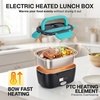 FORABEST Heated Lunch Box – 80W Electric Lunch Box – Portable Food Warmer with 2 Stainless Steel Containers 1.5L, Carry Bag & Leakproof Lid – 12V/24V Car/Truck & 110/220V Home/Office – White Gray(Neon Blue)