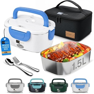 FORABEST Heated Lunch Box – 80W Electric Lunch Box – Portable Food Warmer with 1.5L Stainless Steel Container, Carry Bag & Leakproof Lid – 12V/24V Car/Truck & 110/220V Home/Office – White Gray(White Blue)