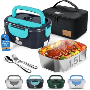 FORABEST Heated Lunch Box – 80W Electric Lunch Box – Portable Food Warmer with 1.5L Stainless Steel Container, Carry Bag & Leakproof Lid – 12V/24V Car/Truck & 110/220V Home/Office – White Gray(Neon Blue)