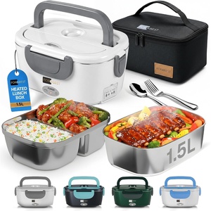 FORABEST Heated Lunch Box – 80W Electric Lunch Box – Portable Food Warmer with 2 Stainless Steel Containers 1.5L, Carry Bag & Leakproof Lid – 12V/24V Car/Truck & 110/220V Home/Office – White Gray(White Gray)