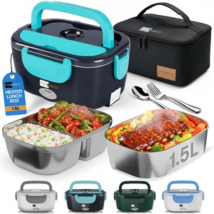 FORABEST Heated Lunch Box – 80W Electric Lunch Box – Portable Food Warmer with 2 Stainless Steel Containers 1.5L, Carry Bag & Leakproof Lid – 12V/24V Car/Truck & 110/220V Home/Office – White Gray(Neon Blue)
