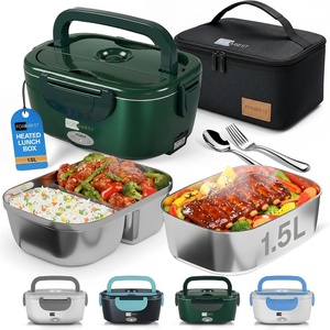 FORABEST Heated Lunch Box – 80W Electric Lunch Box – Portable Food Warmer with 2 Stainless Steel Containers 1.5L, Carry Bag & Leakproof Lid – 12V/24V Car/Truck & 110/220V Home/Office – White Gray(Army Green)